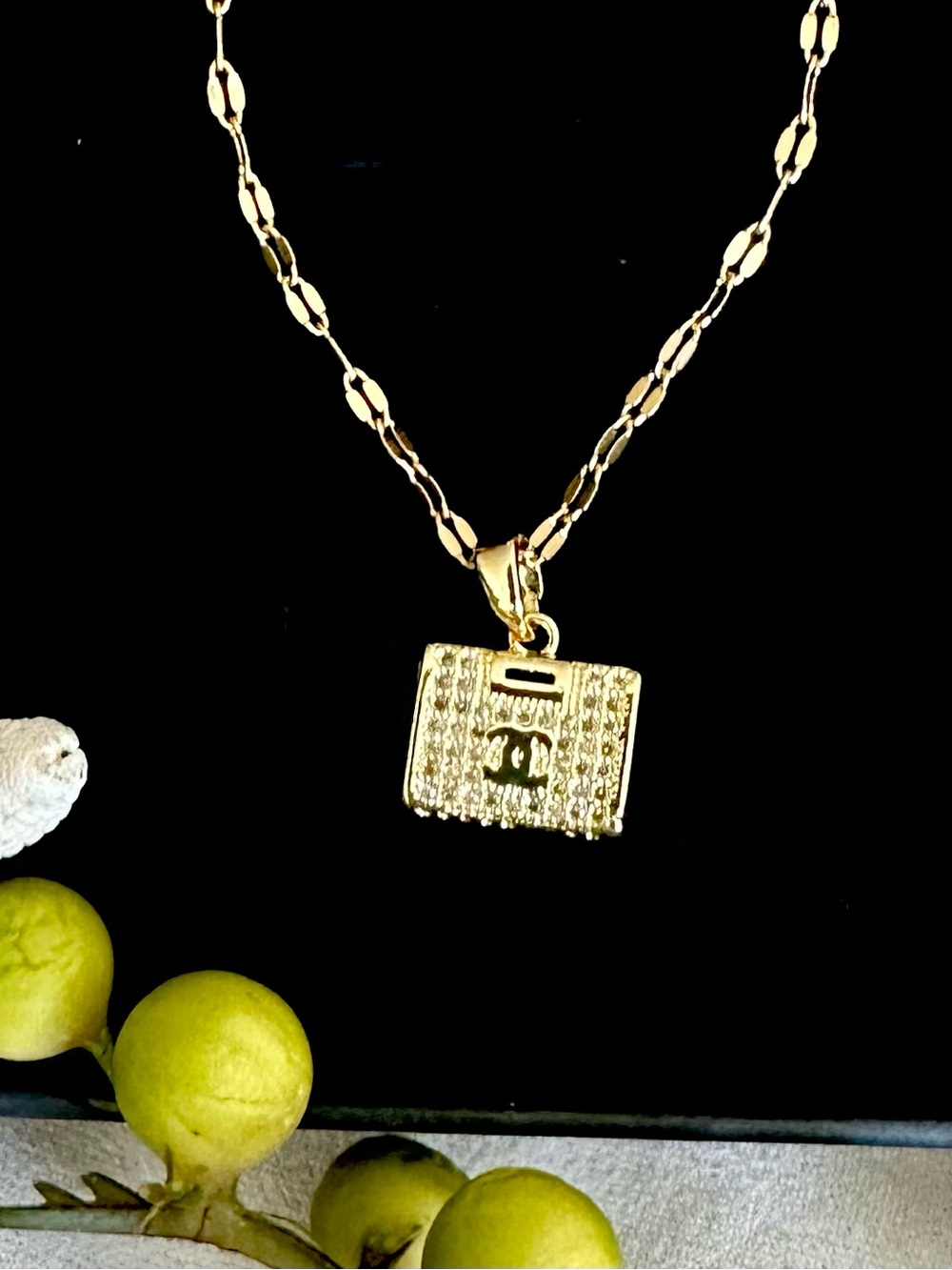 NWT Gold  CC Handbag Pendant & Necklace - Unbranded 18k Plated Stainless